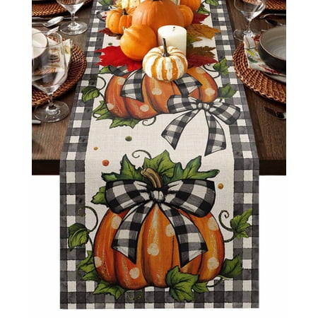 Fall Table Runner Thanksgiving Orange Polka Dot Pumpkin Table Runners Black Plaid Bow Linen Cotton Linen Dresser Scarf Kitchen Dining Table Decor for Fall Holiday Party Decor 13x90 Inch