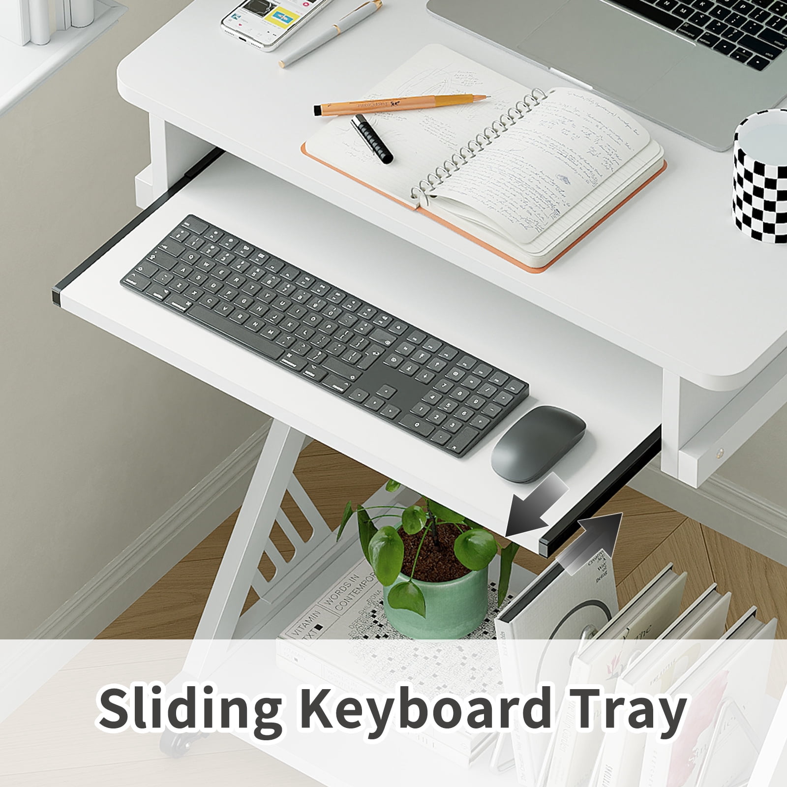 Zenira 2 Tiers Rolling Computer Desk with Keyboard Tray and Printer Shelf for Home Office, Mobile Computer Desk for Small Space, Retro Computer Table Compact PC Laptop Workstation, White