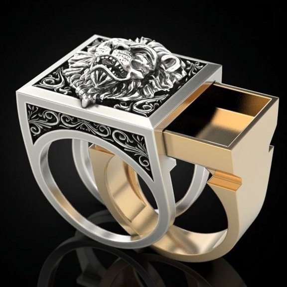 Two Sets of Vintage Lion Rings: European American Unisex Alloy Rings with Artificial Gemstones/Semi-Precious Stone Inlay