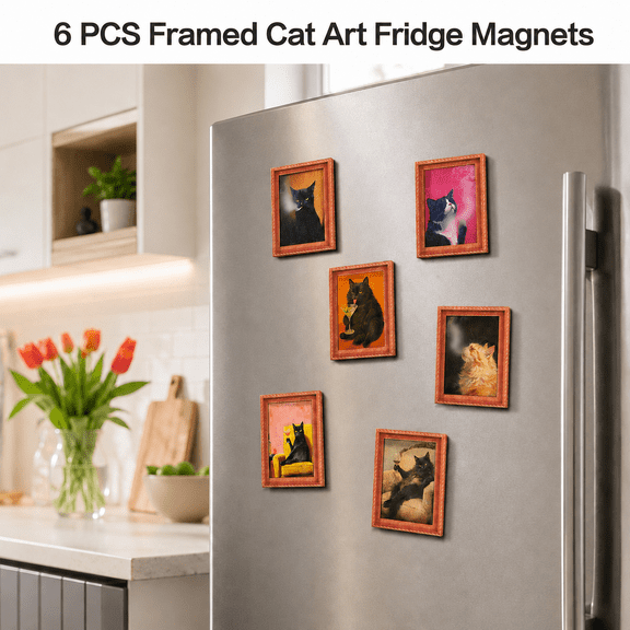 MEYRKLOE 6 Pcs Cat Fridge Magnets, Cute Funny 3D Wood Art Frame Designs, Removable Decorative Magnets for Refrigerator, Kitchen and Locker, Assorted