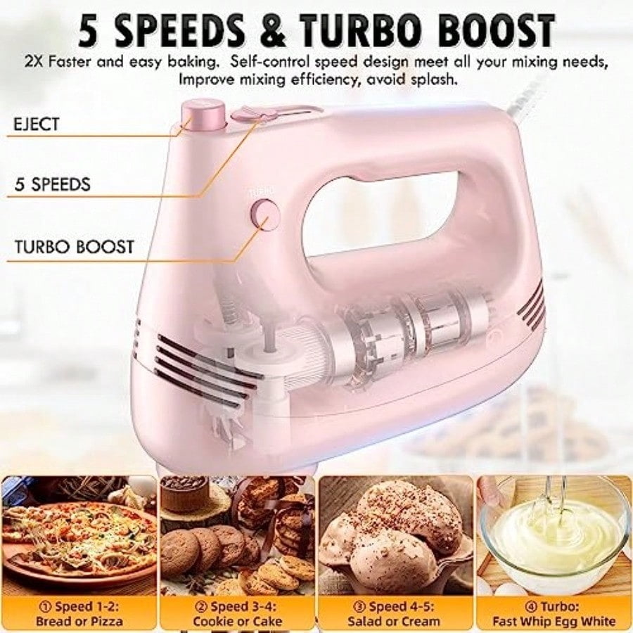 Electric Hand Mixer with Stainless Steel Whisk Dough Hook Attachment and Storage Bag Handheld Mixer for Baking Cakes Eggs Cream Food Mixers. Turbo Boost/5 Speed Kitchen Blender PINK