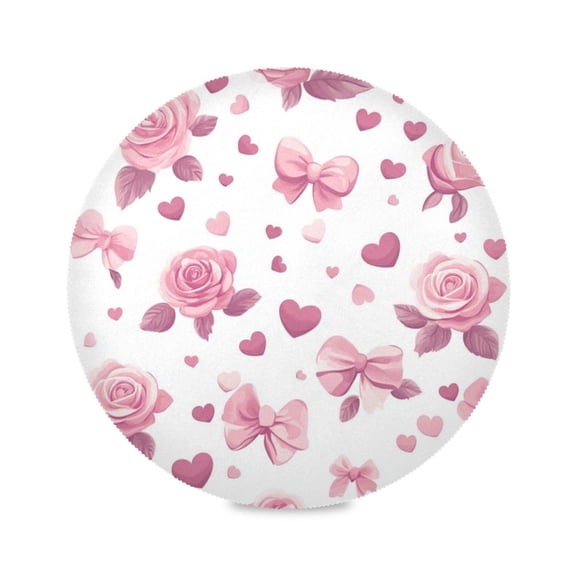 Round Placemat Set 15.4 Inch Diameter Table Mats Heat-Resistant Decorative for Dining Tables Pink Roses and Bows