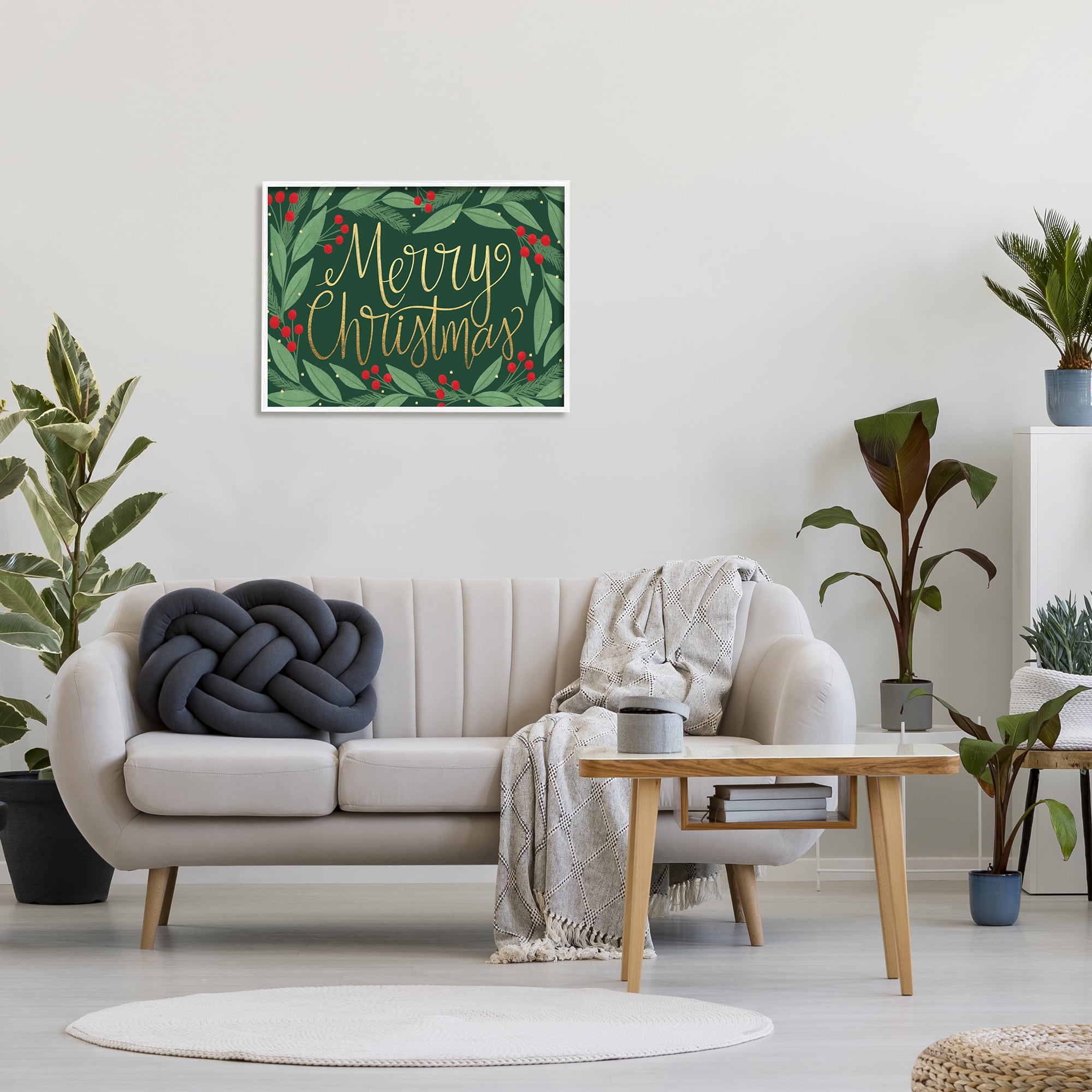 Stupell Industries Merry Christmas Festive Sentiment Chic Holiday Holly Botanical & Floral Painting White Framed Art Print Wall Art, 24 x 30