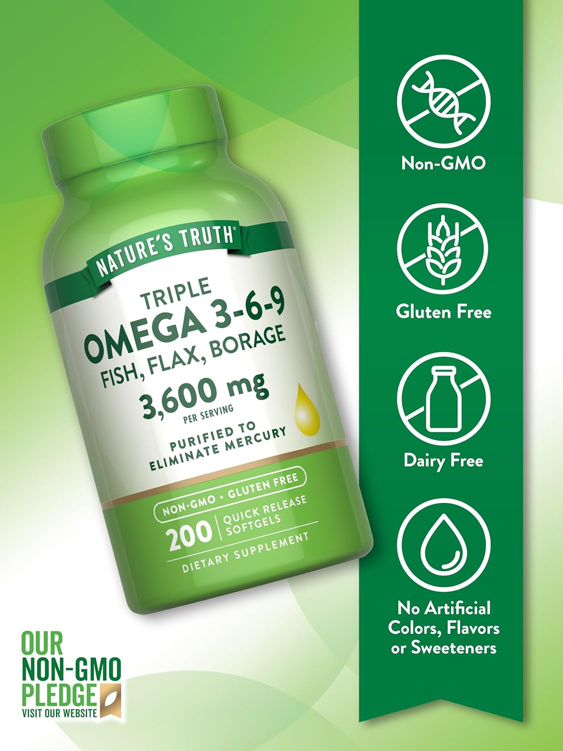 Triple Omega 3-6-9 3600 mg | 200 Softgels | Fish, Flax, Borage Oils Supplement | by Nature's Truth