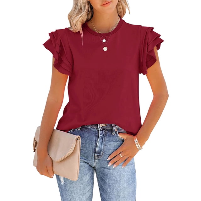 SAYOO Camiseta de Manga Corta para Mujer, Jersey con Volantes de Cuello Redondo de Color sólido, Tops Finos de Ajuste Suelto de Verano para Mujer SAYOO Estilo de ocio