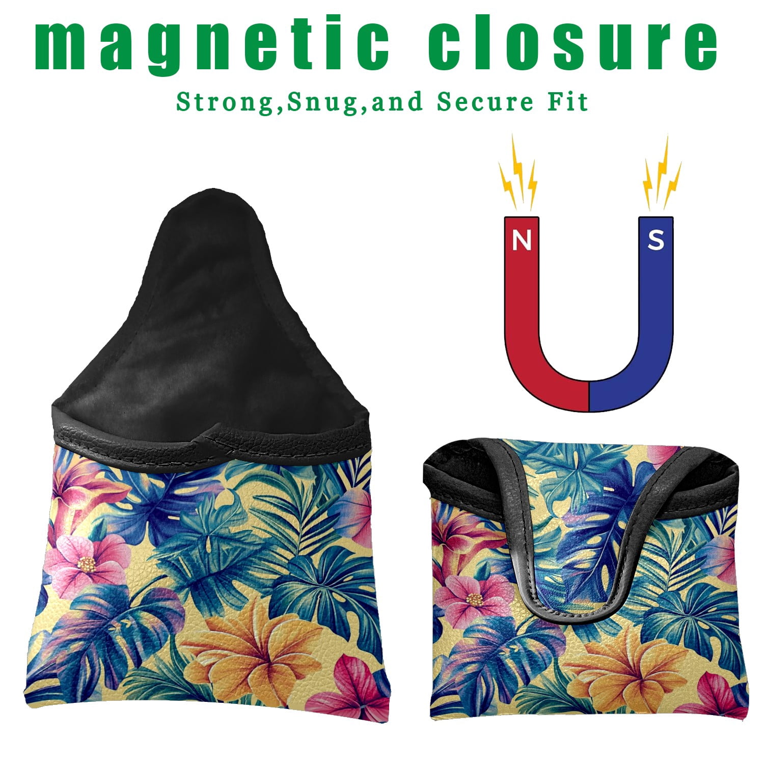 Golf Mallet Putter Cover Premium Leather Waterproof Golf Putter Head Cover with Magnetic Closure Tropical Leaves