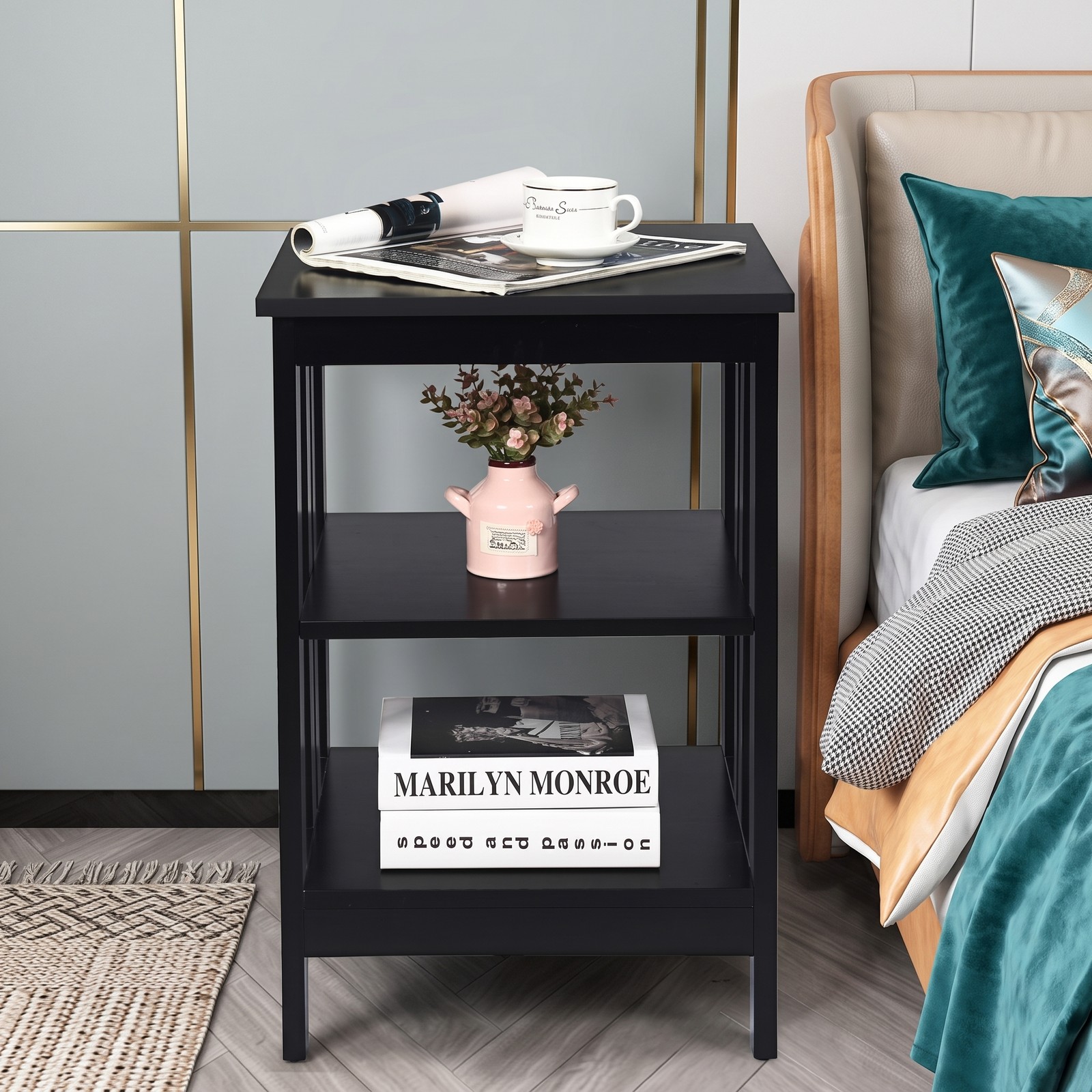Furnibear 2 Pieces 3-Tier Nightstand, MDF Bedside End Side Table with Reinforced Bars, Open Shelf Storage Night Stand for Bedroom Living Room Entryway, Black