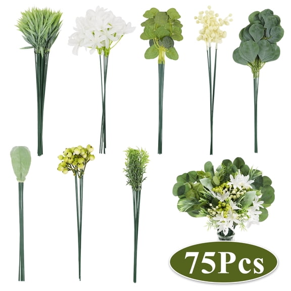 75 Pcs Artificial Greenery Stems Bulk Set, Faux Eucalyptus Stems and Fake Flowers for DIY Bridal Bouquet Greenery, Wedding, Home Decor, Baby Shower Floral Arrangements