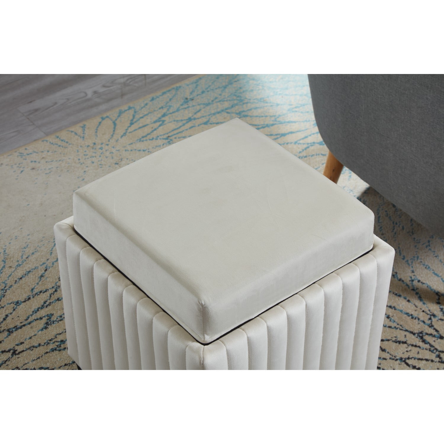 18 Inch Beige Square Cube Storage Ottoman Bench with Coffee Tray for Living Room and Bedroom