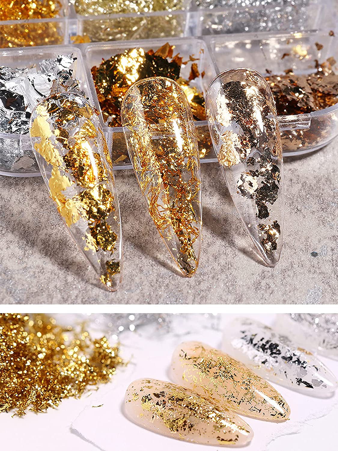 12 Grids Nail Foils Nail Art Foil Flakes, Holographic Glitter Sequins  Mirror Effect Design Confetti Gold Silver Nail Foil Flakes for Women Girls  Gold Silver Glitter Aluminum Flakes DIY Manicure Tips X81