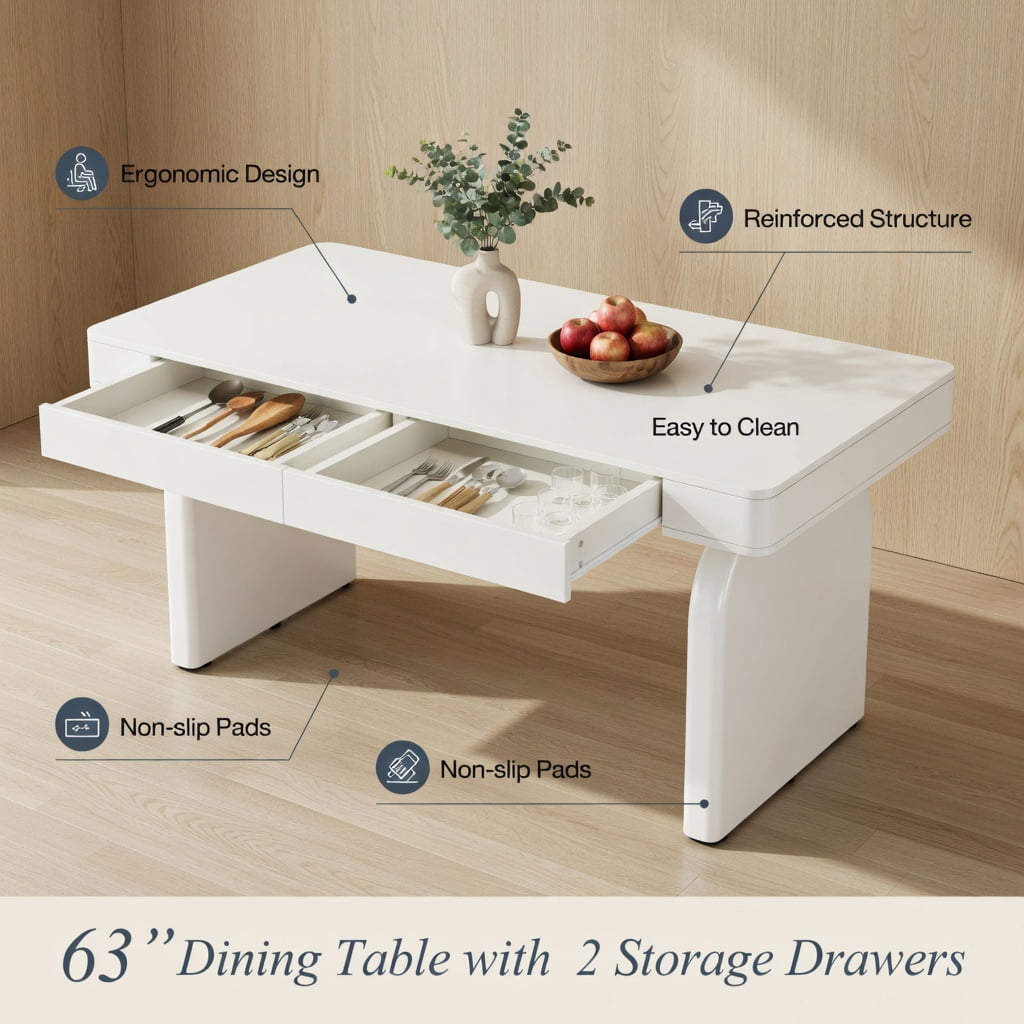 Hommoo 63 Inch Rectangular Dining Table with 2 Hidden Drawers, Modern Kitchen Table for 4 to 6 People, MDF Construction, Easy Assembly, White