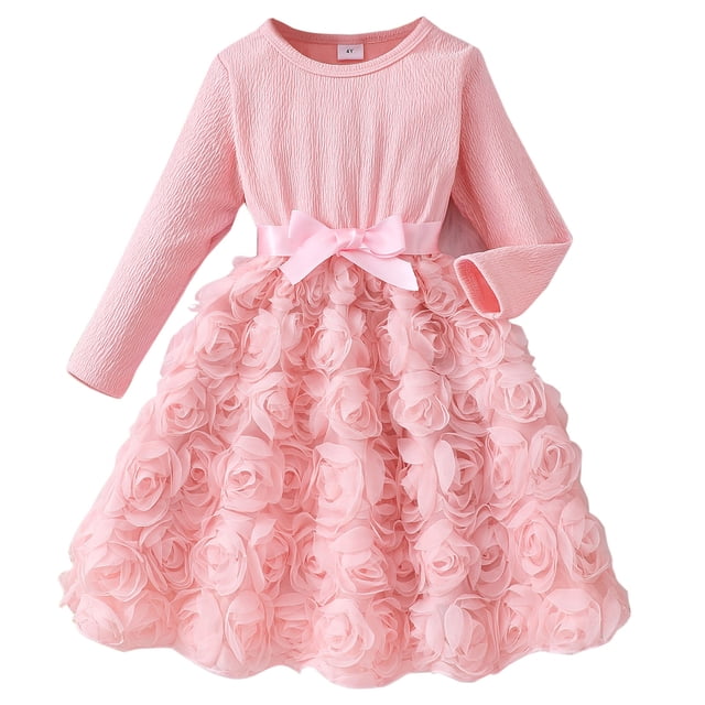 FhsagQ Robe pour Filles Robe d'Automne à Manches Longues à Col Rond Rose à Volants Princesse Robe Trapèze avec Ceinture Robes de Pâques pour Filles 14-16 Taille Robes pour Filles Taille 14-16 Vert Foncé 5-6 Ans