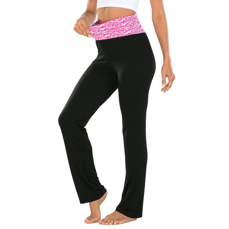 HDE Women's Color Block Fold Over Waist Yoga Pants Flare Leg Workout Leggings  Pink Heart Tie Dye / Black 2X 