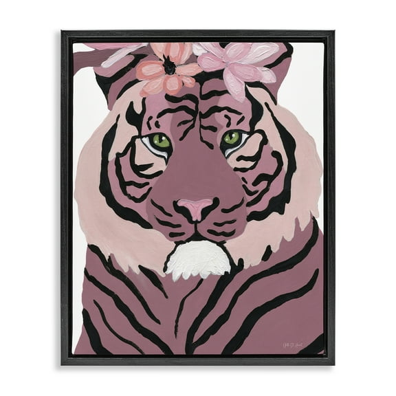 Stupell Industries Tiger with Pink Blooms Animals & Insects Painting Black Floater Framed Canvas Art Print Wall Art, 17 x 21