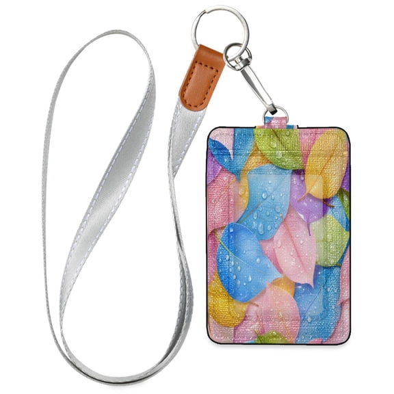 PU Leather Badge Holder Lightweight ID Card Holder with Window Pocket Vibrantly Colored Leaves