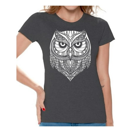 Indian Pattern Awkward Styles Beautiful Owl T-Shirt for Women Patterned Shirts for Ladies Women Fashion Collection Tracery Tshirt for Mom Indian Pattern T-Shirt for Her Gifts for Wife Owl Shirts Animal T-Shirt ()