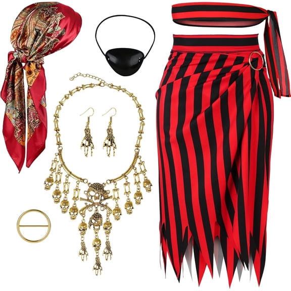 2025 Halloween Pirate Costume Women, Pirate Costume with Accessories Set Pirate Head Scarf Pirate Eye Patch for Women Halloween Cosplay Outfits Red