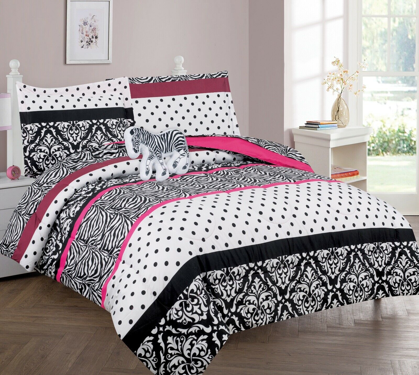 6PC BED IN BAG COMFORTER KIDS GIRL, TODDLER PONY PINK ZEBRA SUPERSOFT