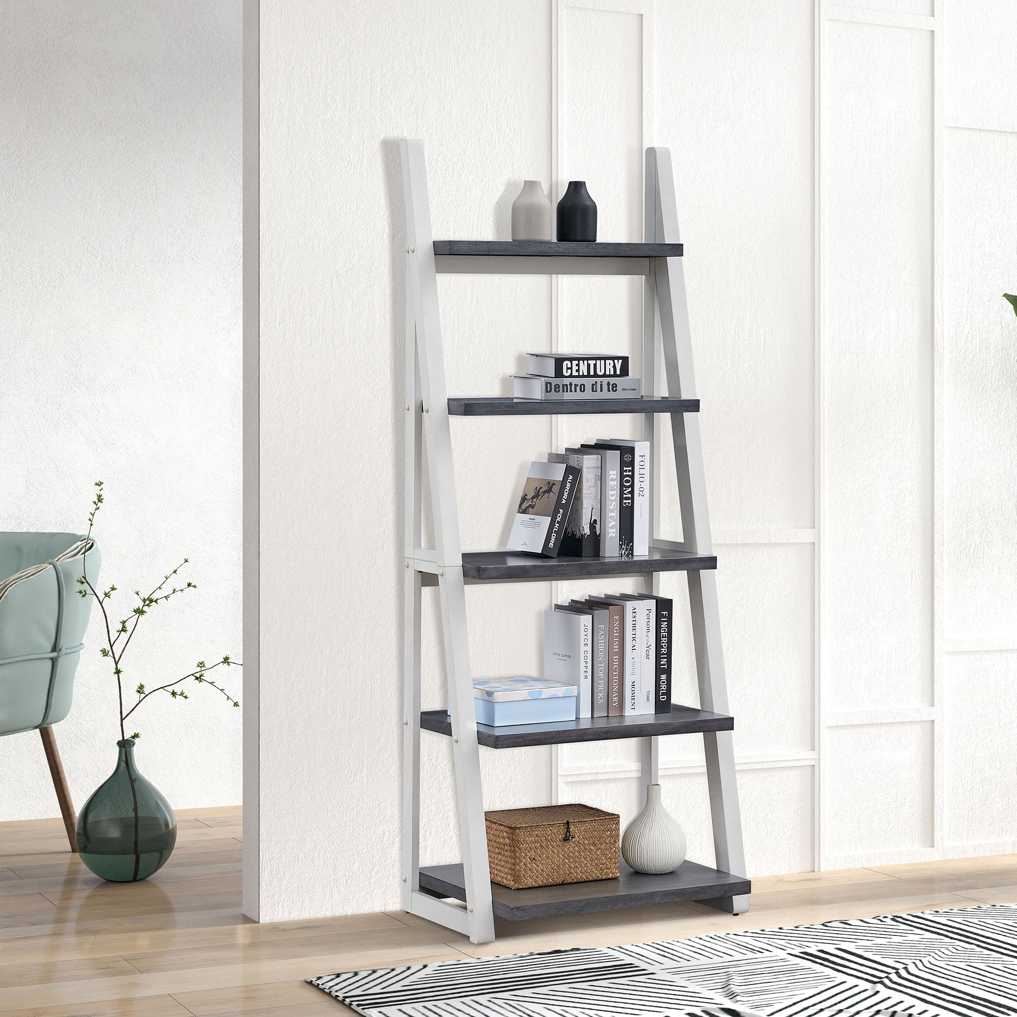 5-Tier Shelves Bookshelf, Storage Rack, Bookcase with Rubber Wood Frame, Ladder Shelf for Living Room, Home Office, Kitchen, Bedroom, Apartment