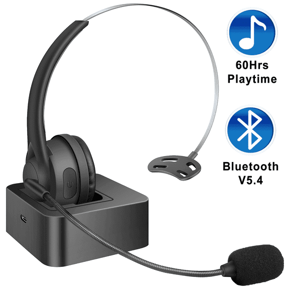 ABCPOW Trucker V5.4 Bluetooth Headset with Microphone,Noise Cancelling,Mute Button&Charging Base,Wireless On-Ear Headphones 30Hrs Playtime Wireless Headset for Office PC/Work/Cell Phone/Call Center