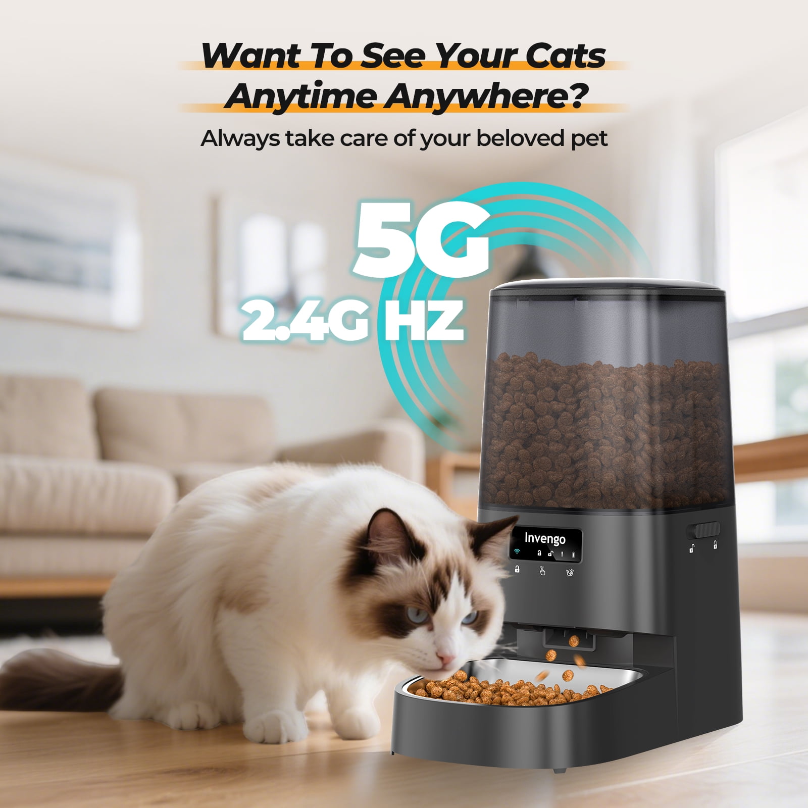 Automatic Cat Feeder, 5L Smart Dry Food Dispenser with 5G/2.4G WiFi App Control, Programmable Portions, Dual Stainless Steel Bowls, Ideal for Multi-Pet Households, Black
