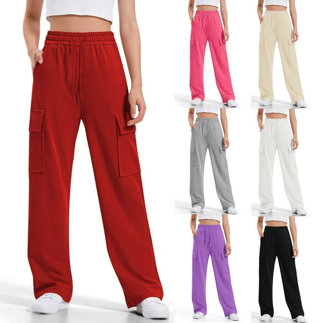 Girls Cargo Sweatpants Elastic Waistband Drawstring Wide Leg Pants Kids Solid Loose Jogger Pants with Pockets