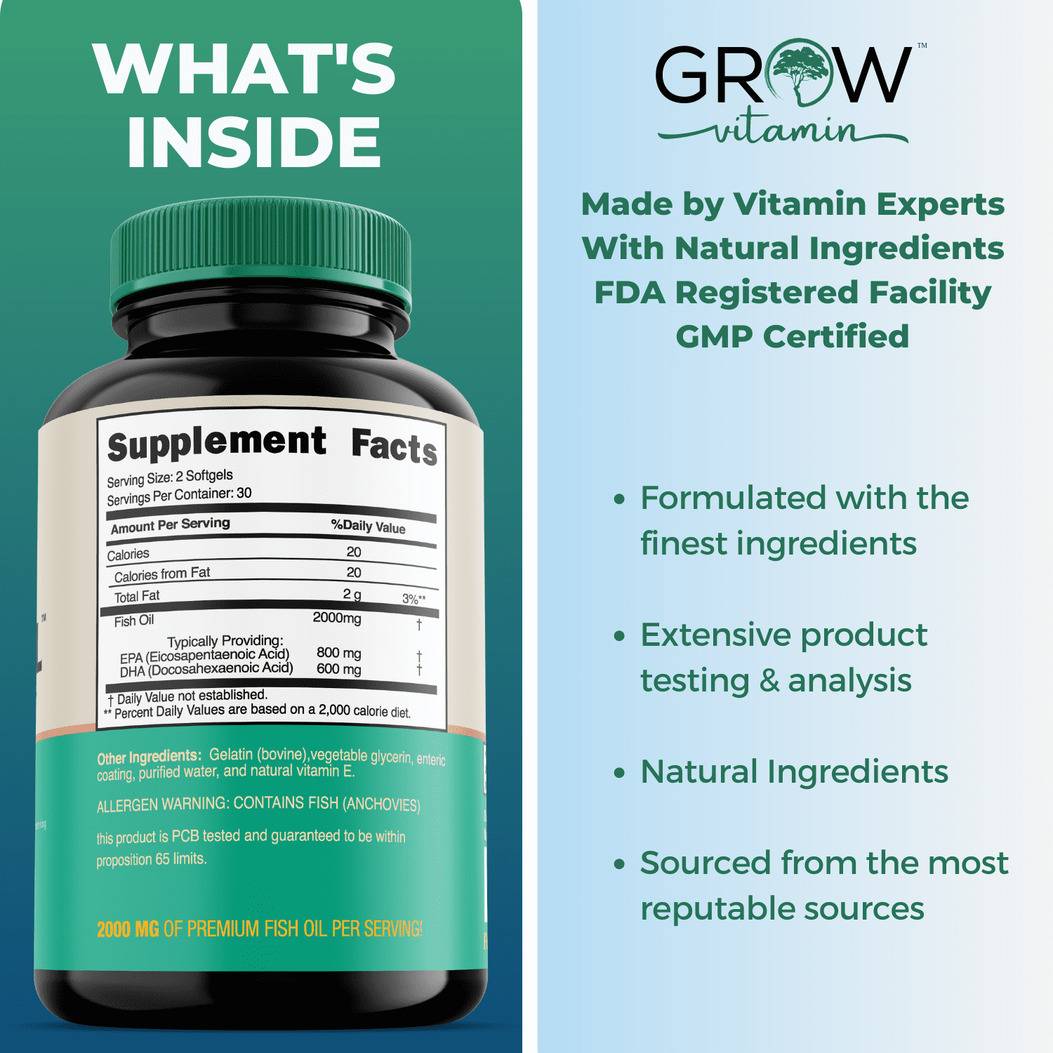 Grow Vitamin Omegavita Omega-3 Fish Oil Softgels, Heart, Brain, Joint Support, 30 Day Supply