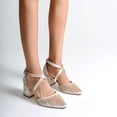 thumbnail image 4 of FSJ Women Classic Chunky High Heels Pointy Closed Toe Pumps D'Orsay Crossed Ankle Strap Sandals Casual Wedding Dressy Shoes Size 7.5 Beige, 4 of 4