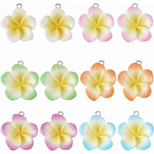 1 caja de 24 colgantes de flores de frangipani de 6 colores, de resina floral, con lazo, para verano y primavera, de Hawái.