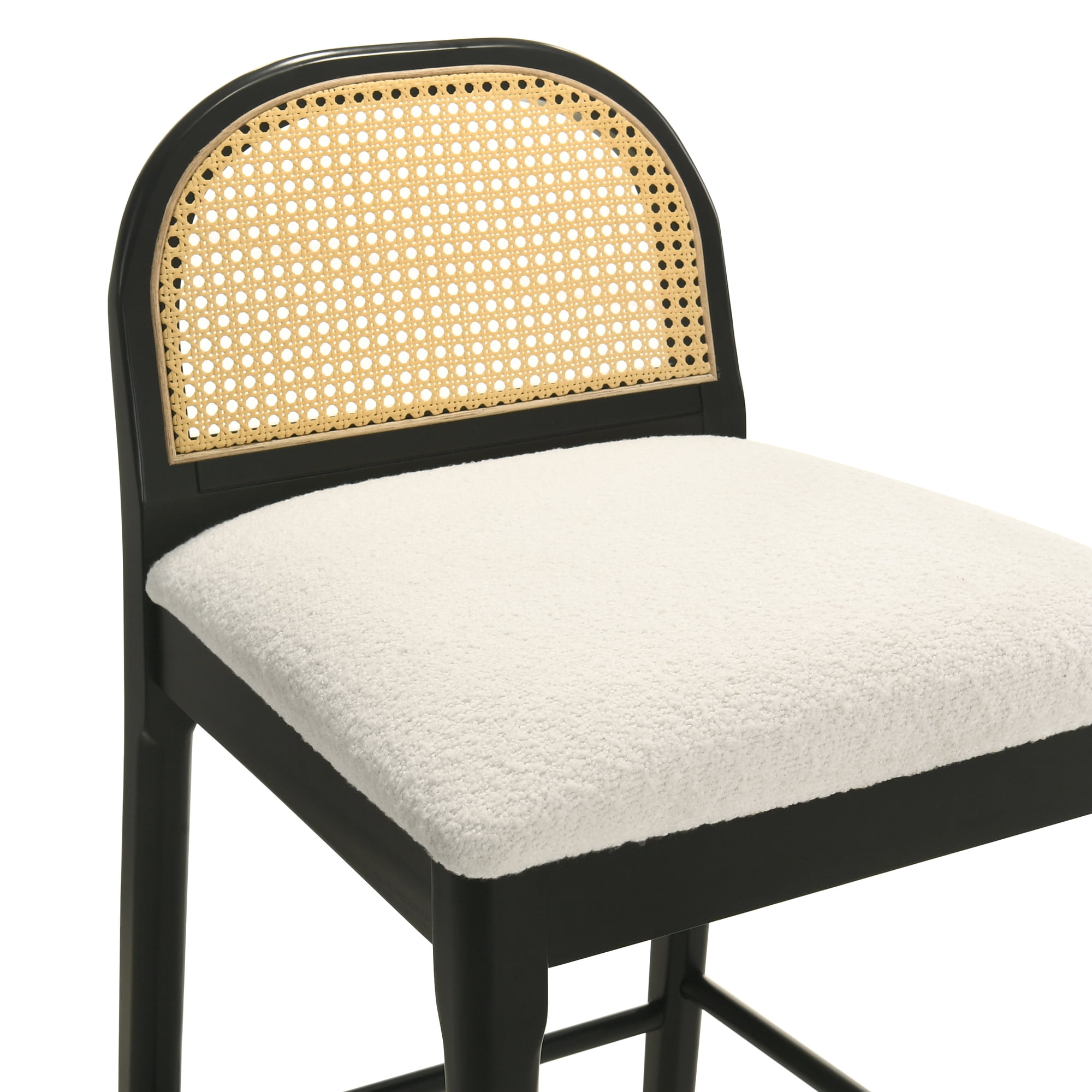 Lucio Modern Farmhouse Wood Counter Height Kitchen Bar Stool in Black Finish with White Boucle Fabric Upholstered Seat