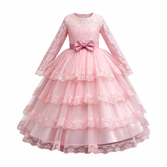 VBEWZET Girls Long Sleeve Lace Tiered Tulle Gown, Big Bow Waist Floor Length Princess Dress for Wedding Flower Girl Birthday Party Pageant Piano Recital Pink 9-10 Years