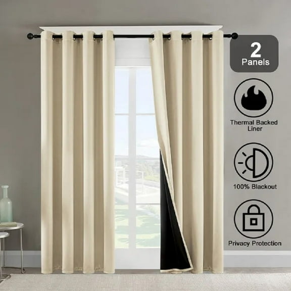 Grommet Thermal Insulated Blackout Curtains, Heavy Noise Reducing Winter Panels, 52" W x 84" L, Set of 2, Beige