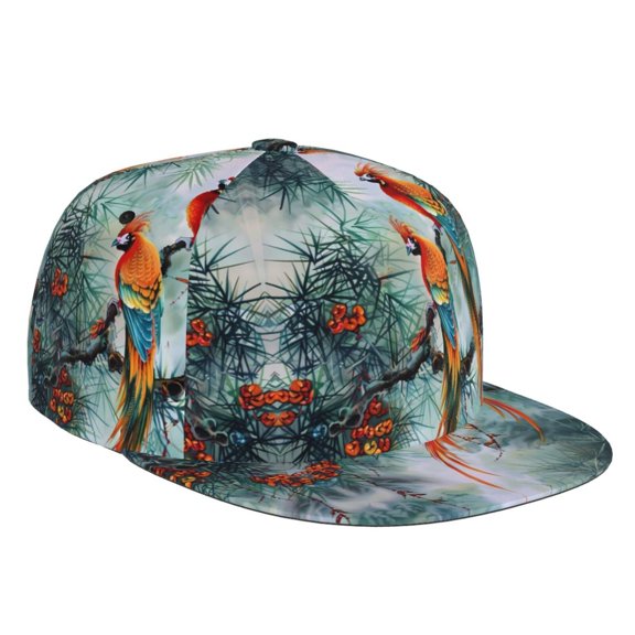 Flat Bill Trucker Hats for Women Men - Colorful Birds Pine Branch Adjustable Flat Baseball Cap Snapback Hats Dad Hats for Men
