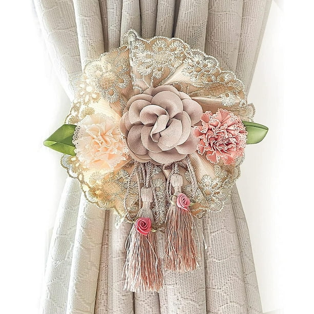 Thrsss Alzapaños para Cortinas con Flores Y Borlas, Elegantes Alzapaños para Cortinas Decoran la Habitación de Las Niñas, Su Hogar, El Balcón. 2 soportes para paquetes.