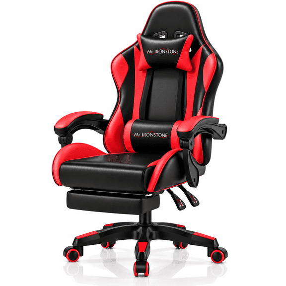 Mr IRONSTONE Ergonomic Gaming Chair with Massage Lumbar Support and Footrest, Heavy Duty 400lbs Computer Chair for Adults, Red/Black