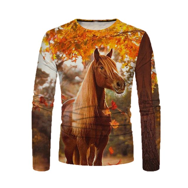 Camisas de Otoño Para Hombres Camiseta Diaria Cuello Redondo Camisetas de Manga Larga Estampado Gráfico En 3D Estampado de Caballos Blusa Informal Odeerbi ODB-4