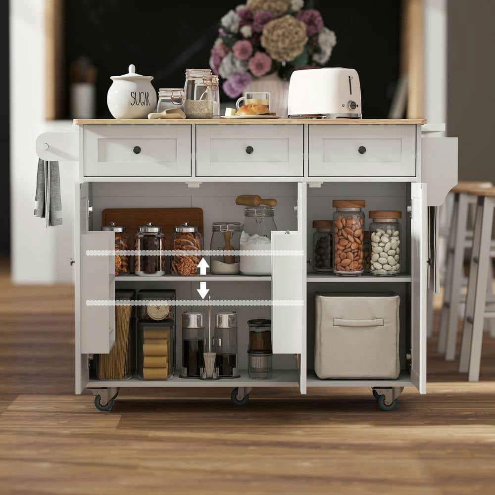 Spaco Kitchen Island on Wheels with Drop Leaf and Charging Station, Rolling Kitchen Cart with Wood Top and Adjustable Shelf, Kitchen Island for Indoor as Kitchen, Dining Room, White