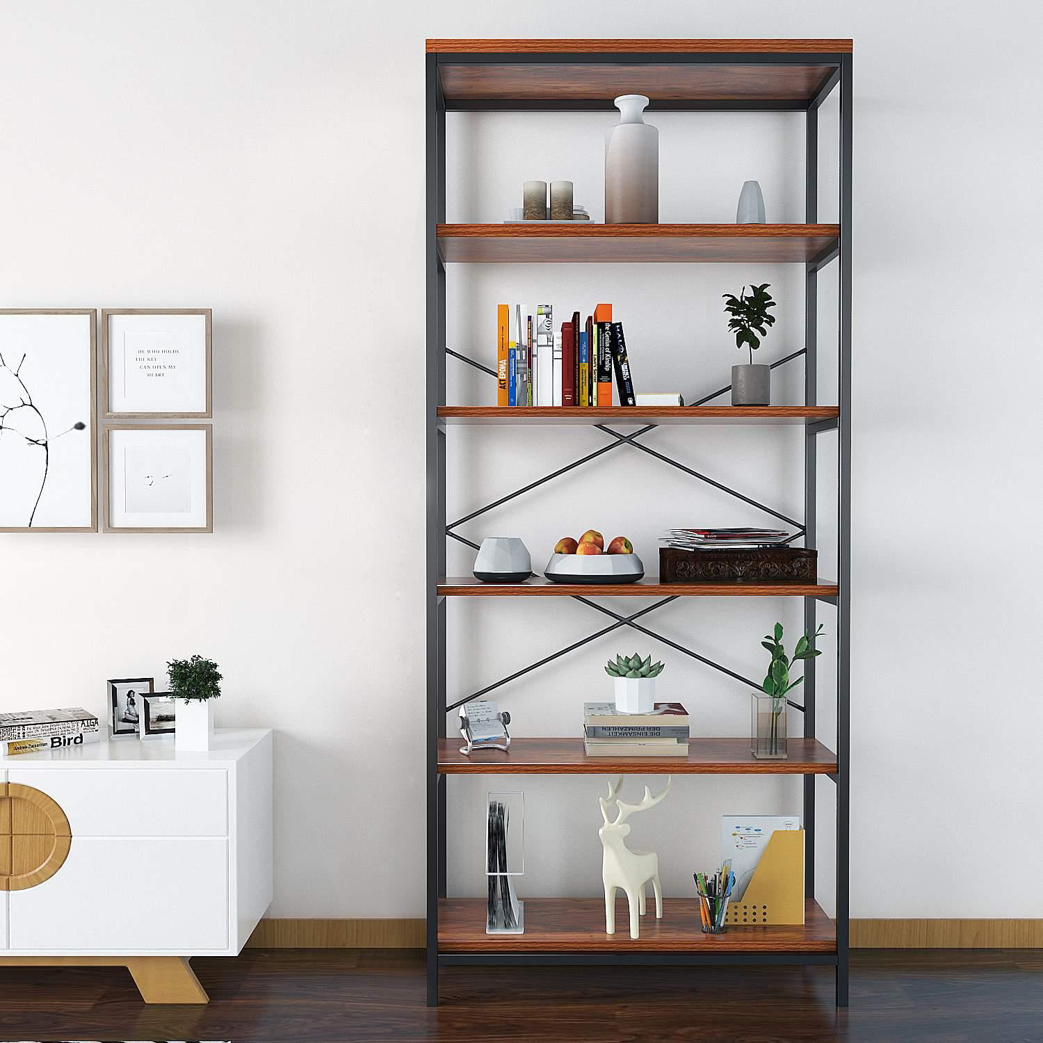 5 Shelf Industrial Bookshelf Open Etagere Bookcase with 