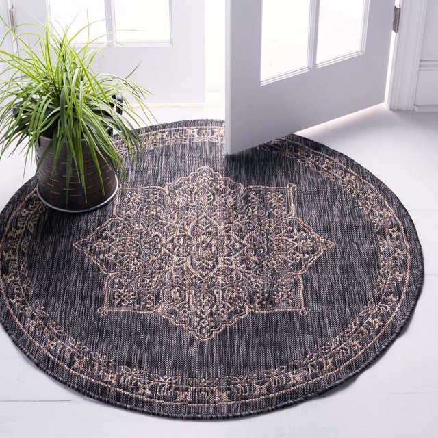 Unique Loom Traditional Collection Classic Medallion Transitional Indoor and Outdoor Flatweave Round Rug, 4 Feet, Charcoal Gray/Beige