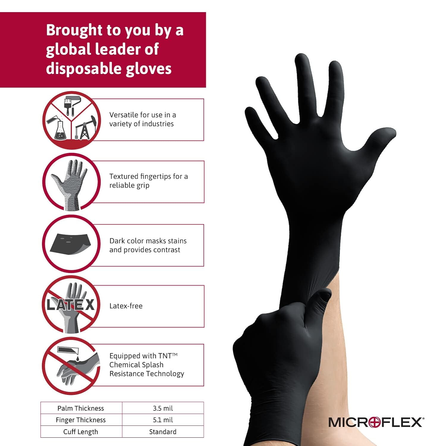 Microflex MidKnight MK-296 Nitrile Disposable Gloves Powder-Free - Ideal for Automotive, Laboratory, Machinery, Healthcare, Work, Cooking & Industrial Usage - Large - 100 Gloves - Black - Pack of 4
