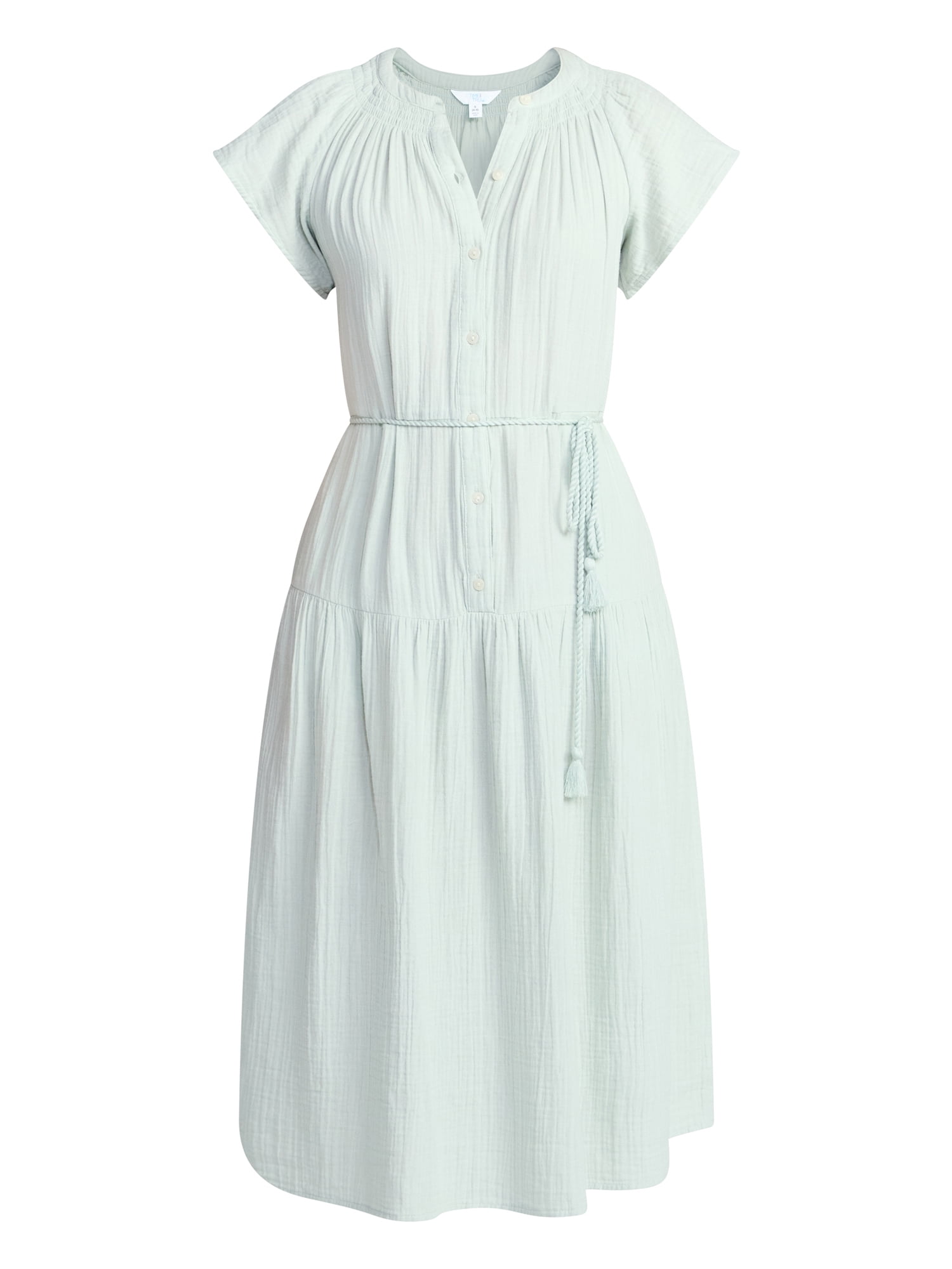 Time and Tru Women's Cotton Double Cloth Midi Dress with Short Flutter Sleeves, Sizes XS-XXXL