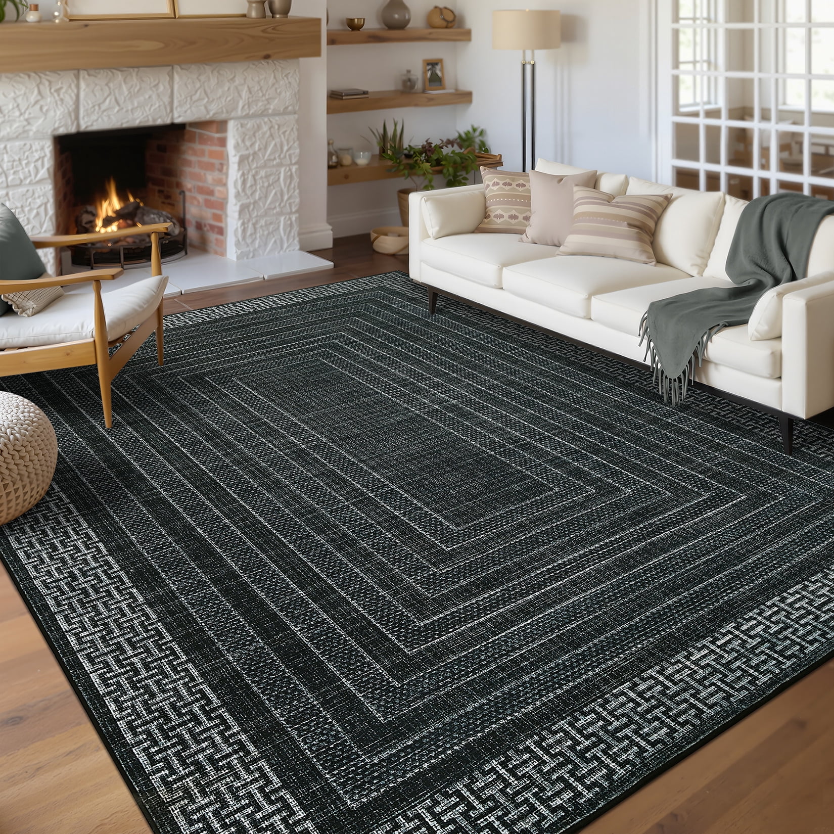 Nasitip Modern Geometric Stripe Black 8'x10' Area Rugs for Living Room Soft Low Pile Non-Sliping, Machine Washable