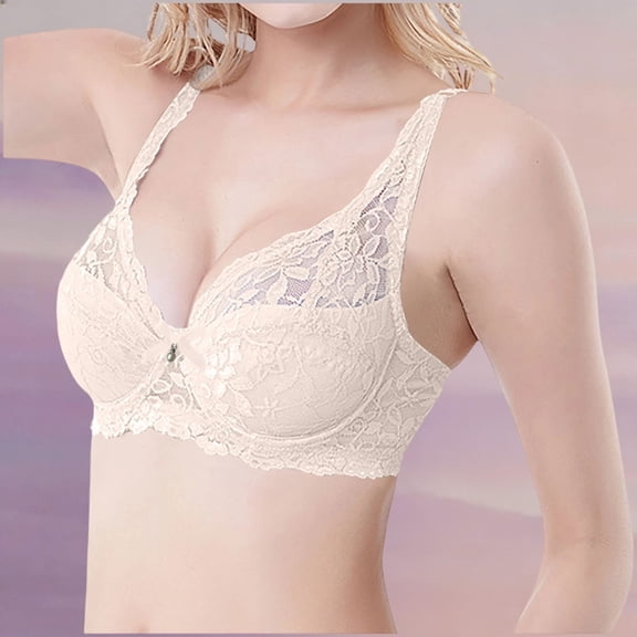 Guieoi Bra for Women Solid Color Underwire Lace Plus Size Pushing Up Lightweight Breathable Bralettes Underwear Beige 95B