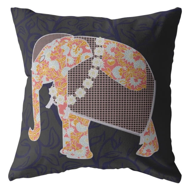 Flower Elephant Double Sided Suede Pillow, Zippered, Orange on Green