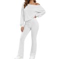 thumbnail image 2 of Ladies' Off Shoulder One Neck Long Sleeved Wide Leg Pants Set With Drawstring High Waist for Slimming, Casual Sports Two-Piece Set White M, 2 of 7