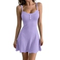 thumbnail image 4 of Women's Y2K Spaghetti Strap Mini Sundress Vertical Ribbed Knit Scalloped Lace Neck & Hem Henley Two Button Slim Flared A-Line Cami Dress for Summer Beach Club Streetwear Purple M, 4 of 4
