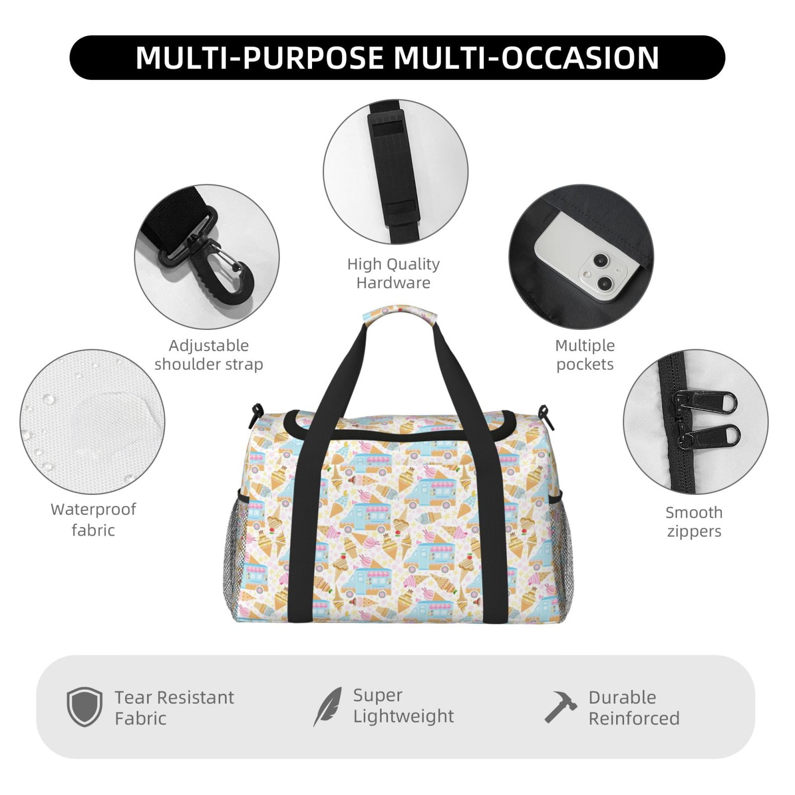 Picia Icecream Truck Print Travel Duffle Bag,Weekender Bags for Women with Shoe Compartment, Gym Duffel Bag with Wet Pocket, Hospital Bags for Labor and Delivery