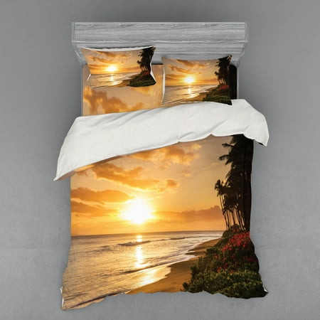 Hawaiian Duvet Cover Set Warm Tropical Sunset On Sands Of