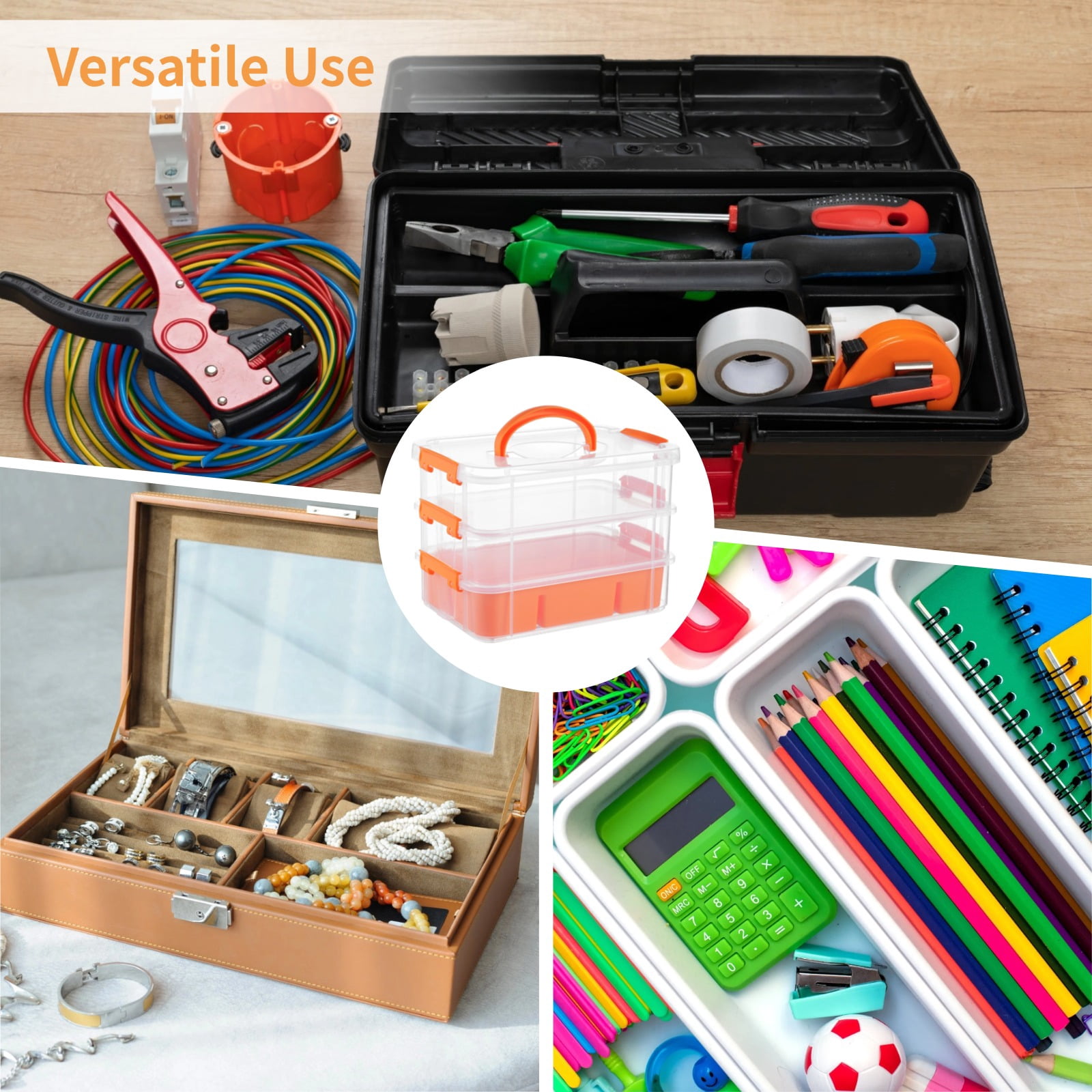 3-Layer Organizer Case Stack & Carry Box, Plastic Multipurpose Storage Container Box, Portable Handled Storage Box with Removable Tray for Organizing Sewing Supplies