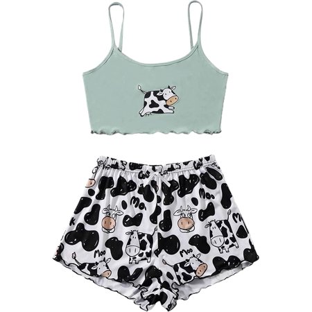 

ZWUYIYHJ Women s Cute Cartoon Print Lettuce Trim Cami Top and Shorts Cute Pajama Set Sleepwear